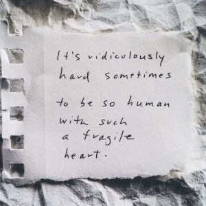 "It's ridiculously hard sometimes to be so human with such a fragile heart" Notes from Your Therapist by Allyson Dinneen