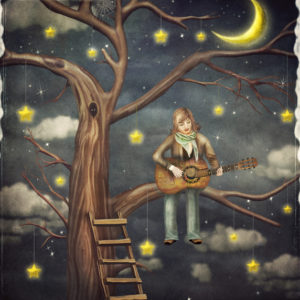 Playing a guitar in the tree with stars