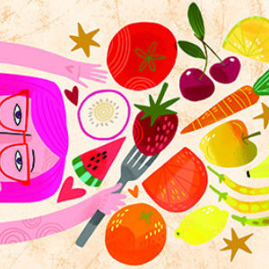 A colorful image full of fruits and veggies