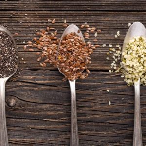 Chia flax and hemp seeds on spoons