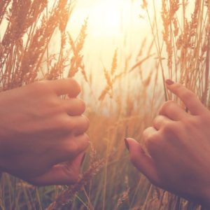 Woman peers through opening in field