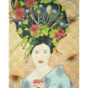 Painting of woman with flowers and art supplies in hair