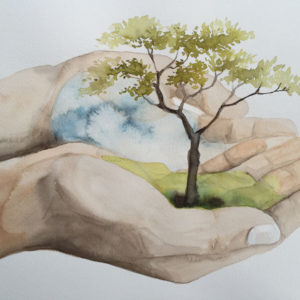 Watercolor of tree in cupped hands