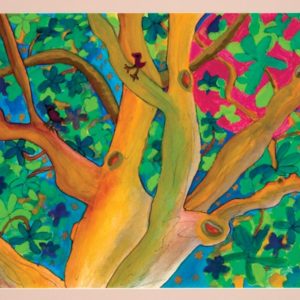 Colorful painting of trees and birds