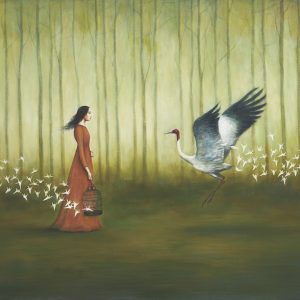 Two Fold Liberation by Duy Huynh, painting of a woman and a bird standing in a forest