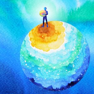 watercolor of person standing on earth healing the planetary waters