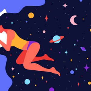 Vector of woman sleeping soundly in bed with universe backdrop