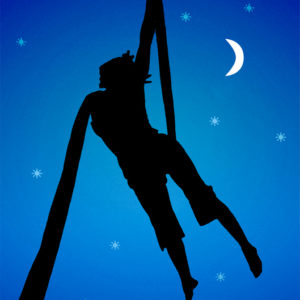 Silhouette of a woman doing fabric acrobats over moonscape background