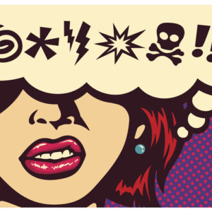 Pop art comic book panel with angry woman grinding teeth and speech bubble with swear word symbols vector