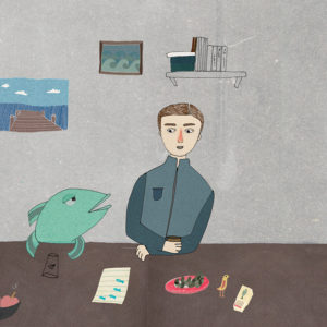 Man in office with fish