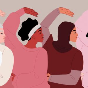 Illustration of women of many ethnicities and races practicing tai chi for the benefits of tai chi