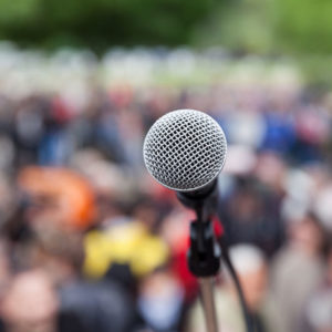 Closeup of mic at rally