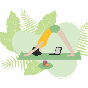 Vector of woman practicing yoga in front of laptop. Stay home, remote work, quarantine