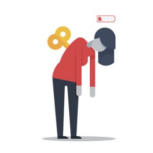 vector of woman with wind-up toy key in her back and low battery sign to signal needing rest