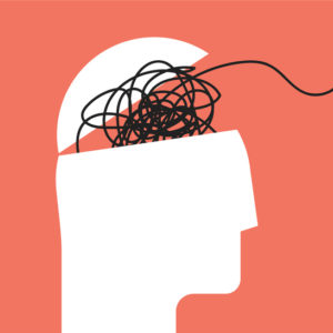 illustration of overwhelm: humans head silhouette with messy lines of thinks