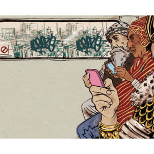 Illustration of historical figures on phones