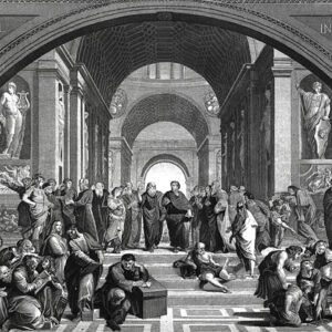 The school of Athens antique engraving after Raphael's fresco of philosophers
