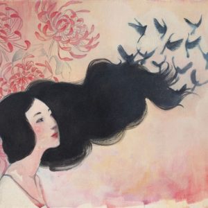 Illustration of woman's dark hair turning into birds