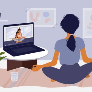 vector of woman participating in a virtual yoga retreat