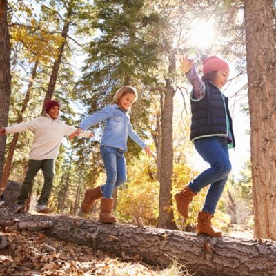 Children playing on log in forest