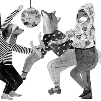 illustration of animals dancing under disco ball