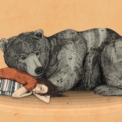 Illustration of bear sleeping with girl