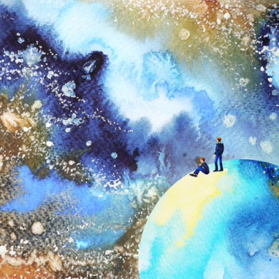 Watercolor image of man in galaxy