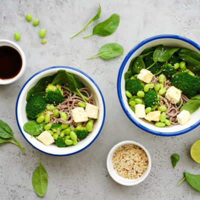 Peas and tofu prepared for eating