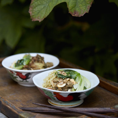 noodles and chicken, in two soup bowls with chopsticks