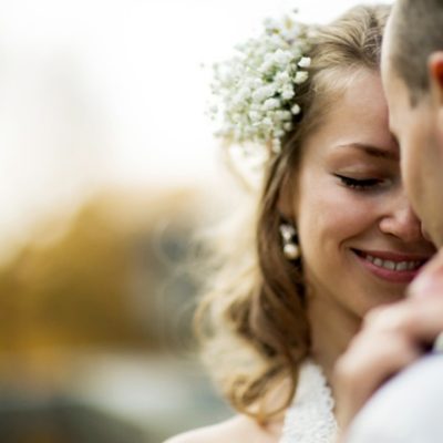 Bride and groom embracing