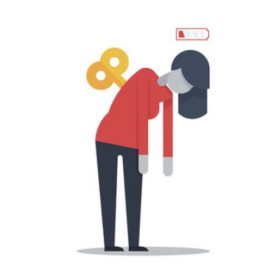 vector of woman with wind-up toy key in her back and low battery sign to signal needing rest