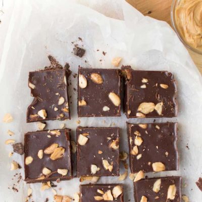 Rich and healthful vegan chocolate peanut butter fudge.