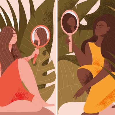 illustration of two women looking at themselves in hand mirrors surrounded by leaves