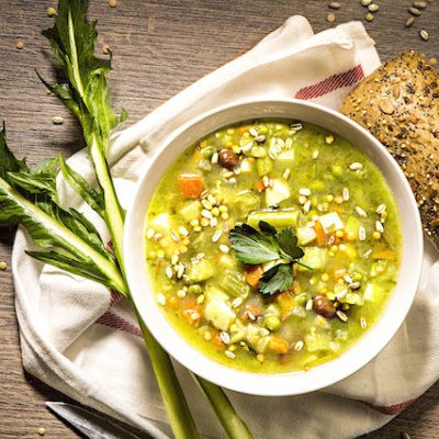 Spring colors of soup in a bowl