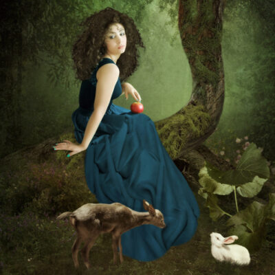 Illustration of woman with deer and apple