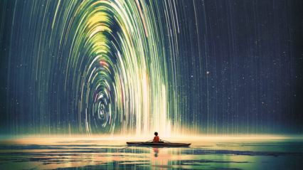 Boy Sitting In A Boat Under A Lit Up Sky