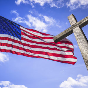 American flag with a wooden cross, one nation under god, religious freedom, christianity