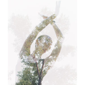 Double exposure of woman moving with tree