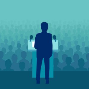 Illustrated person standing at podium giving speech to crowd