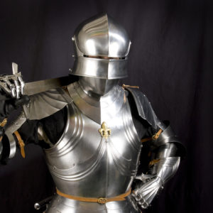 Armor of the medieval knight. Metal protection of the soldier against the weapon of the opponent.