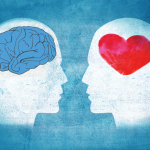 A graphic showing 2 heads one with a brain in one with heart