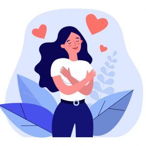 vector of woman hugging herself for self-love meditation practice