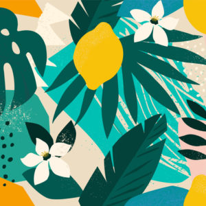 Collage contemporary floral pattern. Modern exotic jungle fruits and plants illustration.
