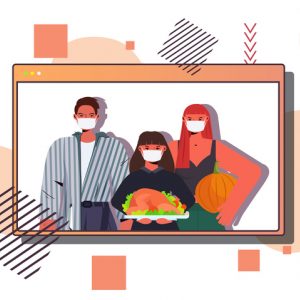 Illustration of family with masks holding a turkey in a virtual zoom video window