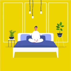 Illustration of person sitting on their bed in lotus yoga for better sleep