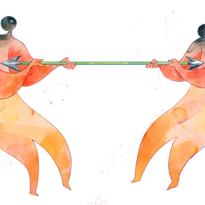 An illustration of two people tugging on an arrow