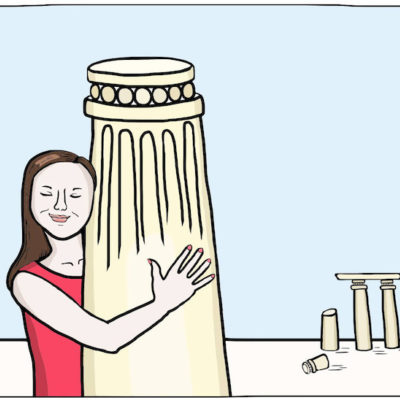 A woman hugs a column