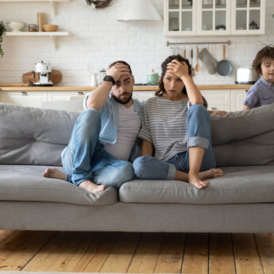 family is cramped in living room