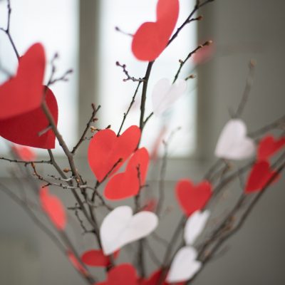 Heart-centered spirituality represented by branches with paper hearts.