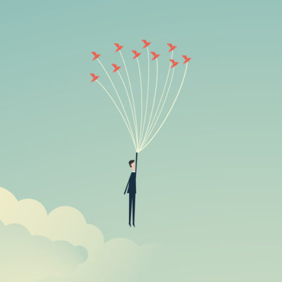 An illustration of a man lifted by bird-like balloons into the sky, signifying hope.